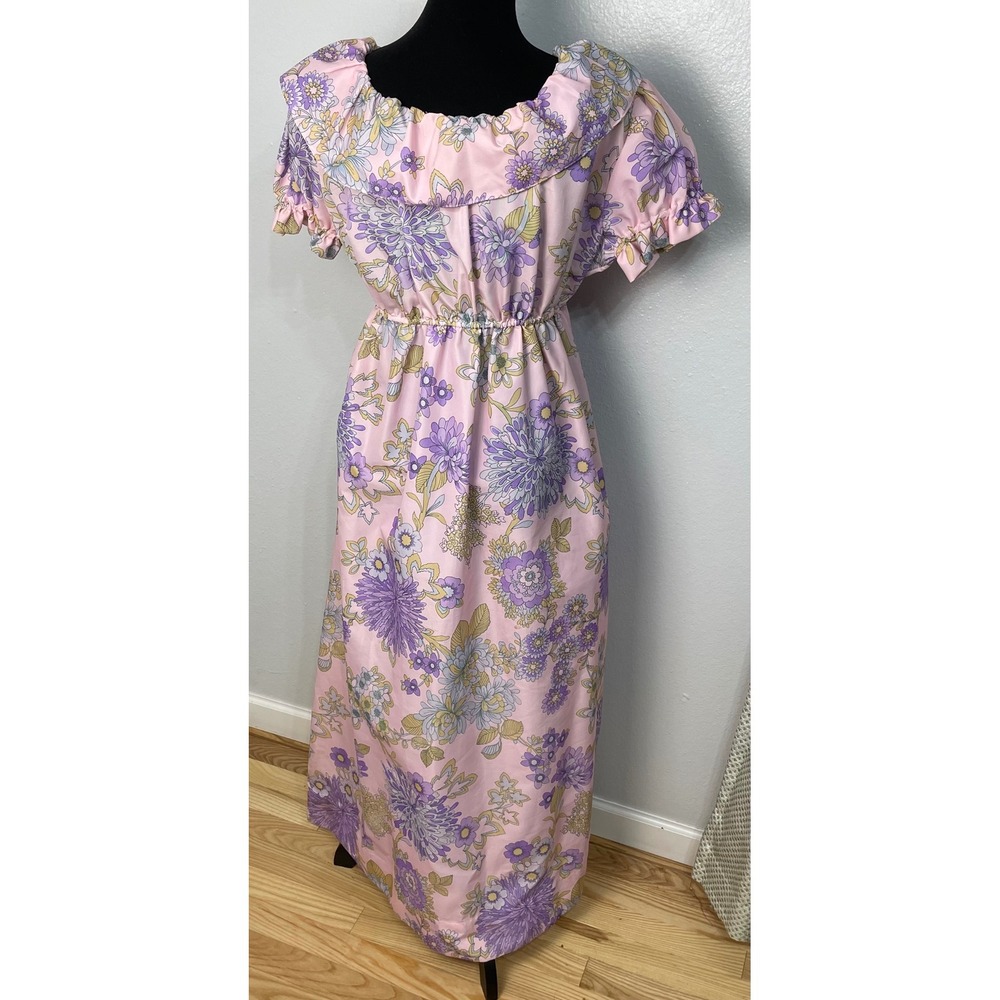 Benlee Vintage Floral Maxi Dress Large Pink Purple Ruffle Off Shoulder 70s Style